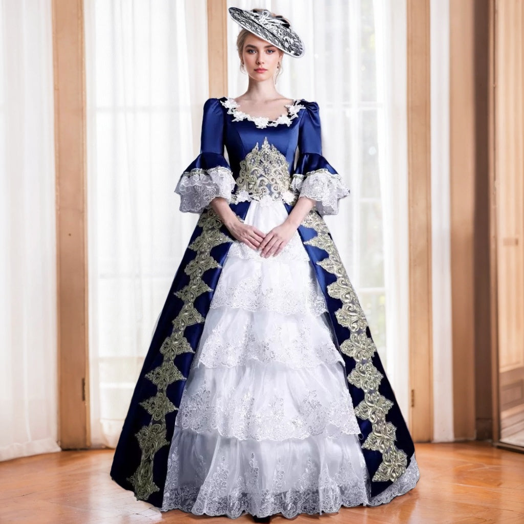 18th Century Ball Gown Square Neck Long Sleeves Maria Antonietta Rococo Victorian Renaissance Vacation Dress, One-Size / Blue