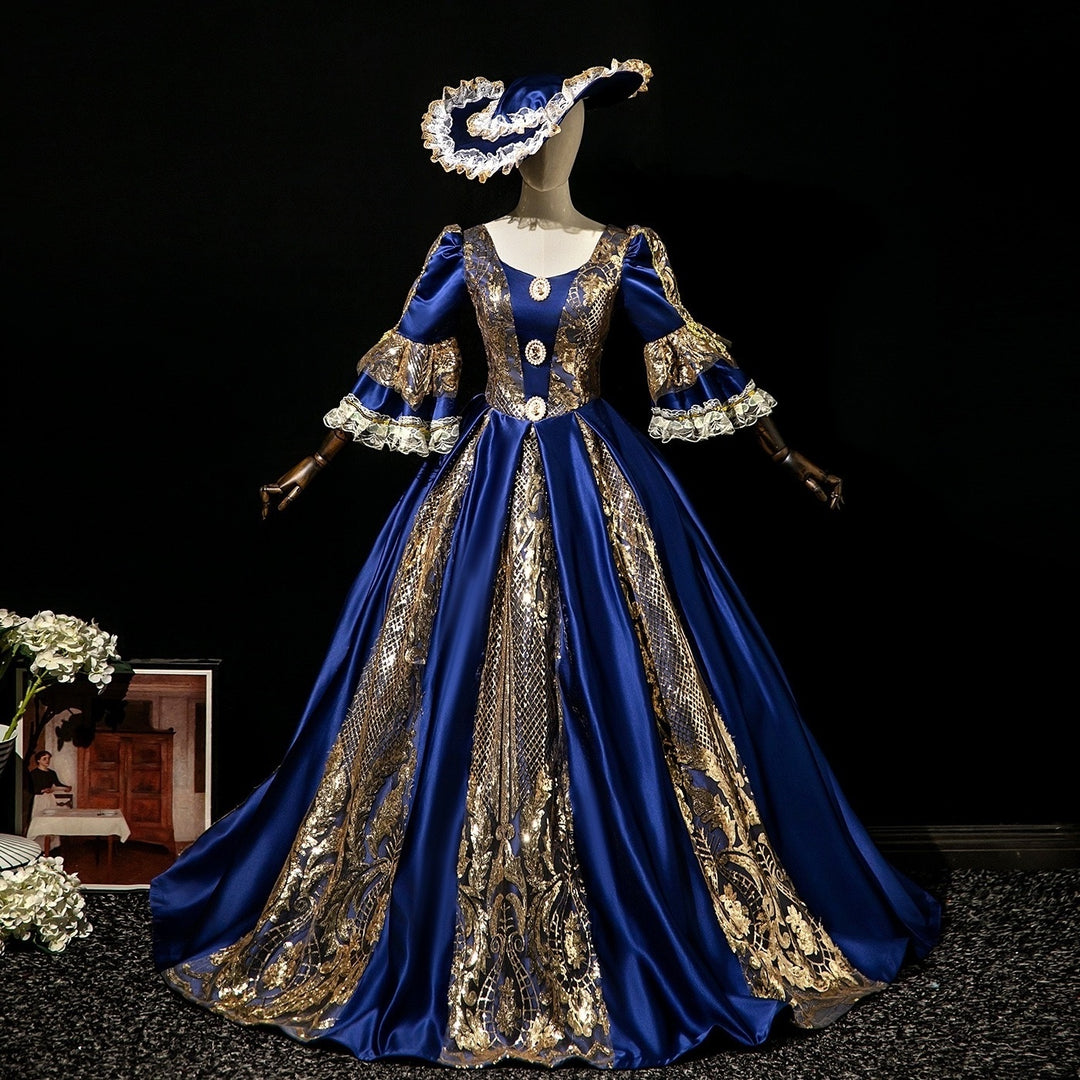 Ball Gown V-Neck 3/4 Length Sleeves Floor-Length Rococo Victorian Party Costume Masquerade Cosplay Prom Dress Blue Ball Gown V-Neck 3/4 Length Sleeves Floor-Length Rococo Victorian Party Costume Masquerade Cosplay Prom Dress Blue