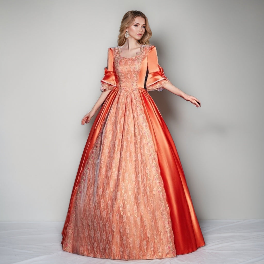 Ball Gown Sweetheart Neck Half Sleeves Floor-Length Rococo Victorian Party Cosplay Costume Masquerade Prom Quinceanera Dress, One-Size / Orange