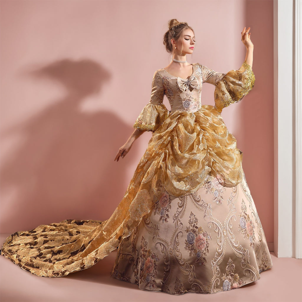 Ball Gown Round Neck 3/4 Length Sleeves Floor-Length Rococo Victorian - Mondressy Ball Gown Round Neck 3/4 Length Sleeves Floor-Length Rococo Victorian - Mondressy
