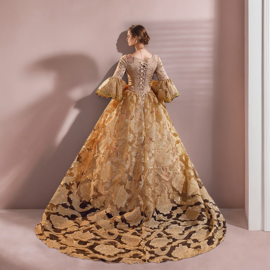 Ball Gown Round Neck 3/4 Length Sleeves Floor-Length Rococo Victorian - Mondressy Ball Gown Round Neck 3/4 Length Sleeves Floor-Length Rococo Victorian - Mondressy