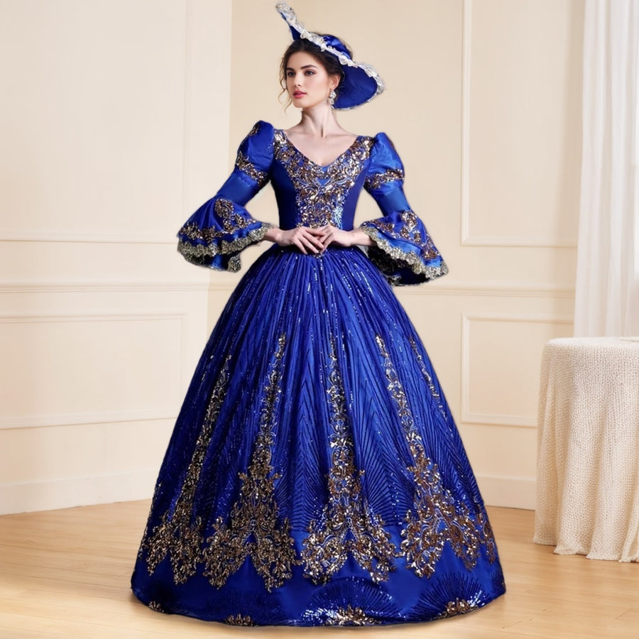 Ball Gown V-Neck 3/4 Length Sleeves Floor-Length Victorian Party Cosplay Costume Masquerade Rococo Prom Dress, One-Size / Blue Ball Gown V-Neck 3/4 Length Sleeves Floor-Length Victorian Party Cosplay Costume Masquerade Rococo Prom Dress, One-Size / Blue