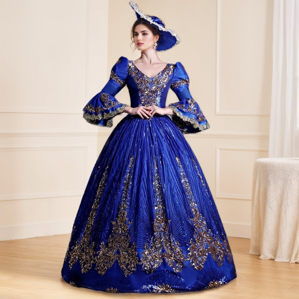 long sleeve masquerade dresses Ball Gown V-Neck 3/4 Length Sleeves Floor-Length Victorian Party Cosplay Costume Rococo Prom Dress, One-Size / Blue Corset Fit 3/4 Length Sleeves Shown Long-Sleeve Maxi Shirt Dress Color:NAVY FLORAL