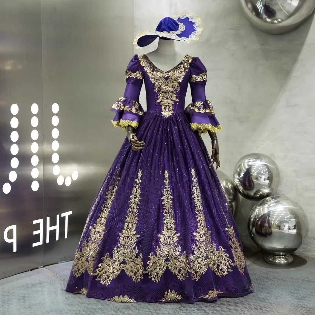 Ball Gown V-Neck 3/4 Length Sleeves Floor-Length Victorian Party Cosplay Costume Masquerade Rococo Prom Dress Purple Ball Gown V-Neck 3/4 Length Sleeves Floor-Length Victorian Party Cosplay Costume Masquerade Rococo Prom Dress Purple