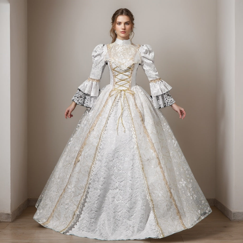masquerade white dress Ball Gown Jewel Neck 3/4 Length Sleeves Floor Length Victorian Party Costume Cosplay Lace Party & Evening Rococo featuring lace Pastel Floral Embroidered Strapless Size:Small (S): 26-27 inches (Preorder 7-14 business days) 9to9