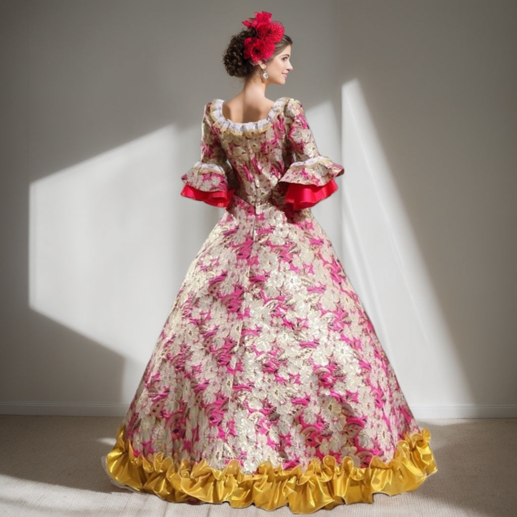 Ball Gown Square Neck 3/4 Length Sleeves Floor-Length Victorian Party Costume Cosplay Rococo Prom Dress Fuchsia
