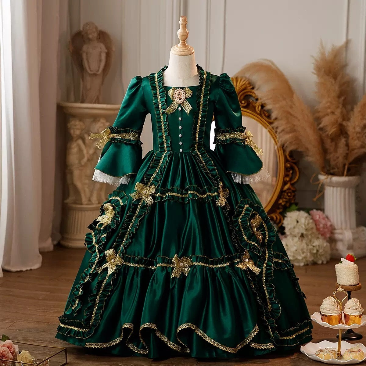 Girl's Ball Gown Square Neck 3/4 Length Sleeves Floor Length Lace Victorian Princess Costume Cosplay Masquerade Rococo Party Dress with Ruffles, 110