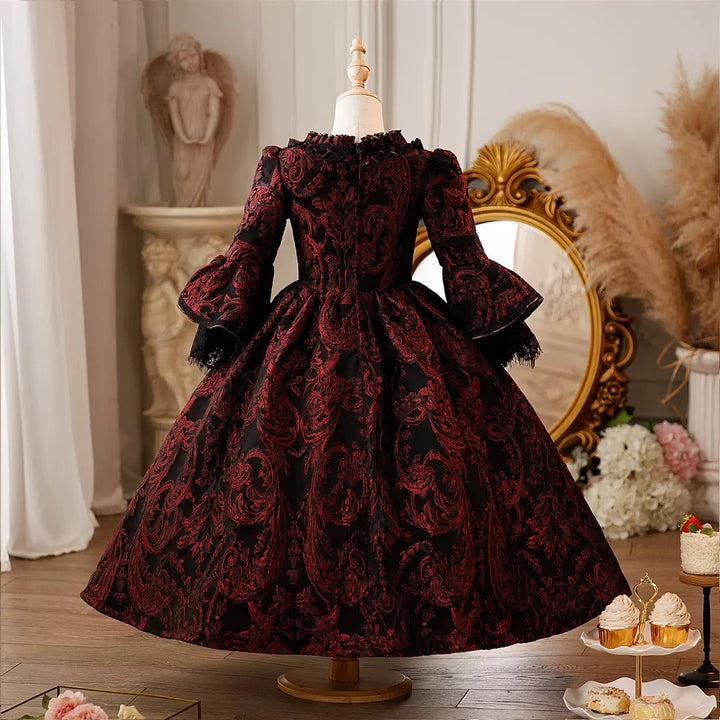 Black And Red Dress Lace Sleeves Girl's Ball Gown 3/4 Length Sleeves Floor Length Lace Black And Red Dress Lace Sleeves Girl's Ball Gown 3/4 Length Sleeves Floor Length Lace