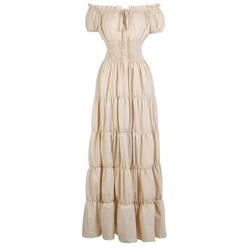 A-Line/Princess Off-the-Shoulder Short Sleeves Floor-Length Medieval Renaissance Cocktail Dress, XS / Beige