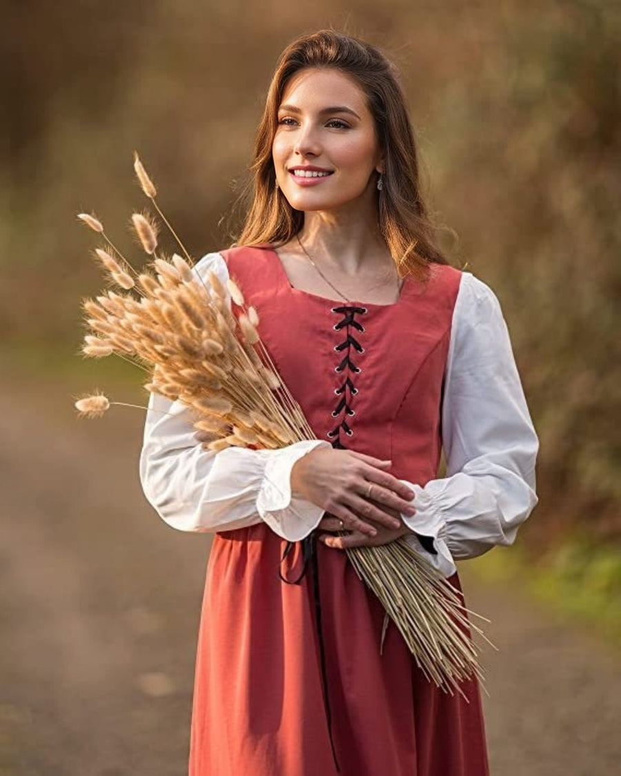 A-Line/Princess Square Neck Long Sleeves Knee-Length Retro Vintage Medieval Renaissance Pirate Masquerade Casual Dress, S / Orange
