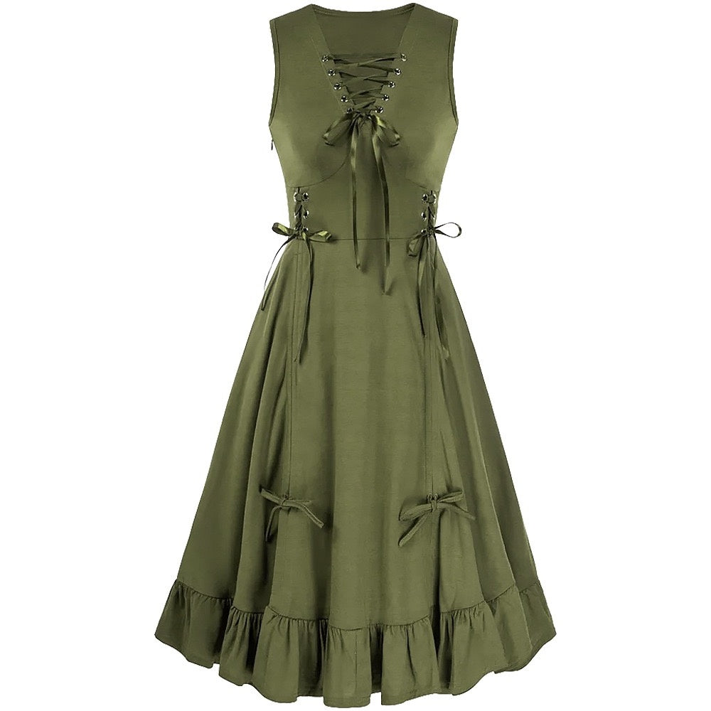 A-Line/Princess V-Neck Sleeveless Tea-Length Punk & Gothic Renaissance Steampunk Dress Green A-Line/Princess V-Neck Sleeveless Tea-Length Punk & Gothic Renaissance Steampunk Dress Green