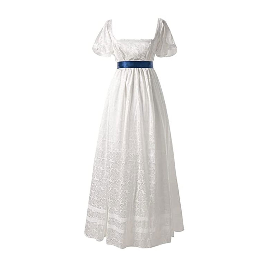 A-Line/Princess V-Neck Short Sleeves Ankle-Length Retro Vintage Medieval Renaissance Dress, S / Blue