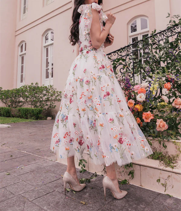 A-Line/Princess V-Neck Short Sleeves Floral Formal Party Dresses With Flowers