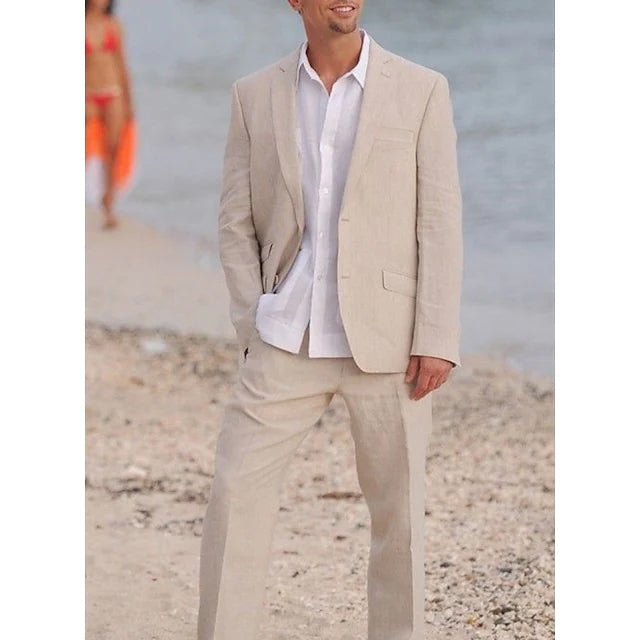 Men's Tailored Fit Single Breasted Two-buttons 2 Pieces Solid Colored Linen Suits