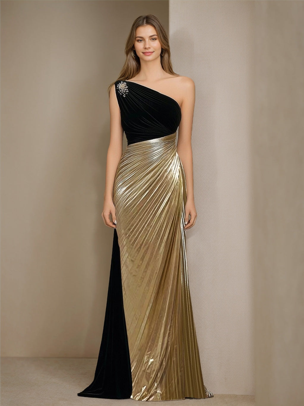 Classic One-Shoulder Evening Dresses A-Line Formal Dress Women's Sleeveless Floor-Length Wedding Guest Gowns with Rhinestone, Gold Classic One-Shoulder Evening Dresses A-Line Formal Dress Women's Sleeveless Floor-Length Wedding Guest Gowns with Rhinestone, Gold