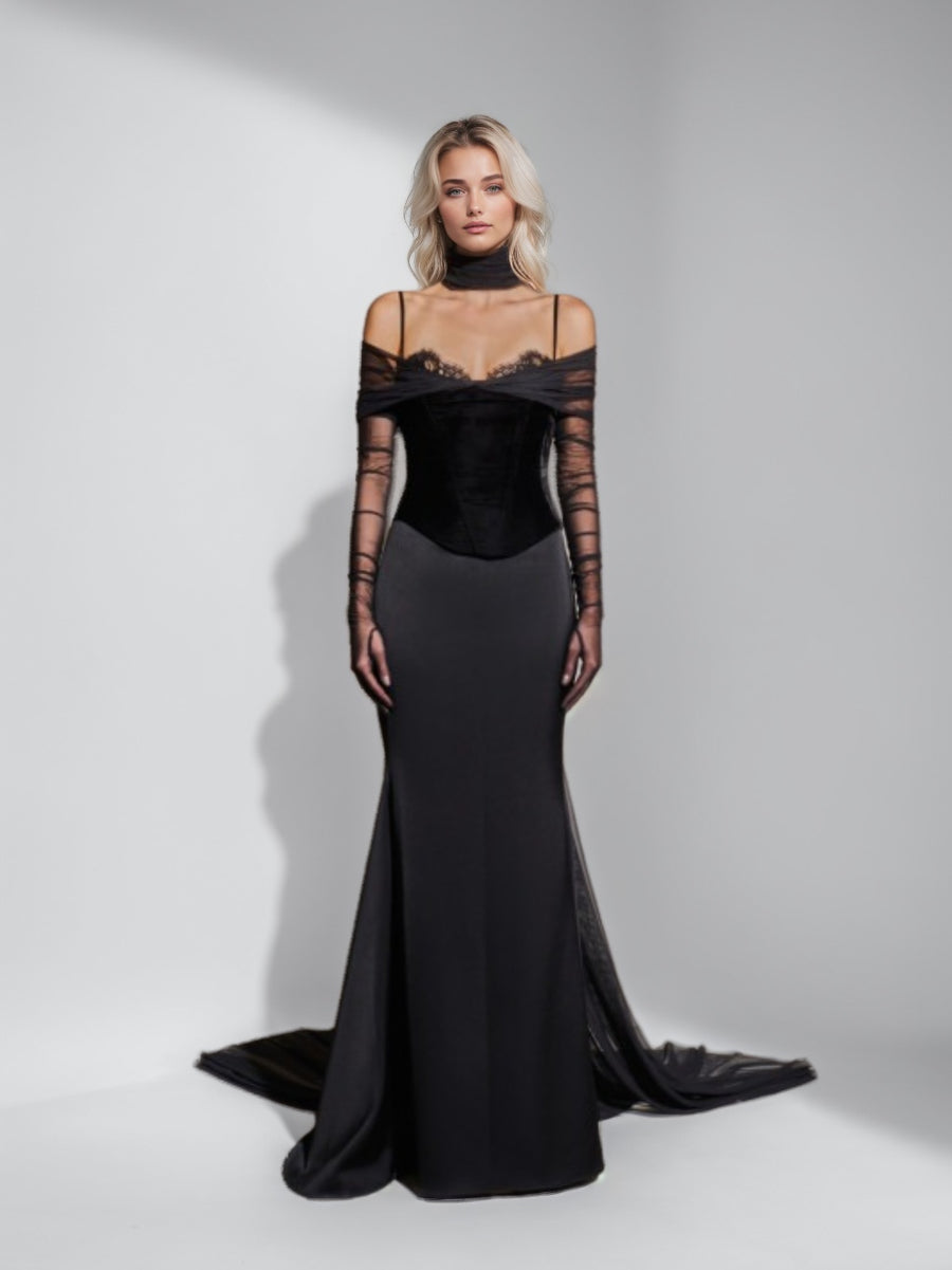 long sleeve black trumpet dress Black Velvet Long Sleeve Keyhole Trumpet Prom Dress