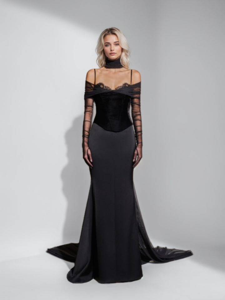 Trumpet/Mermaid Spaghetti Straps Long Sleeves Floor-Length Evening Dresses with Lace