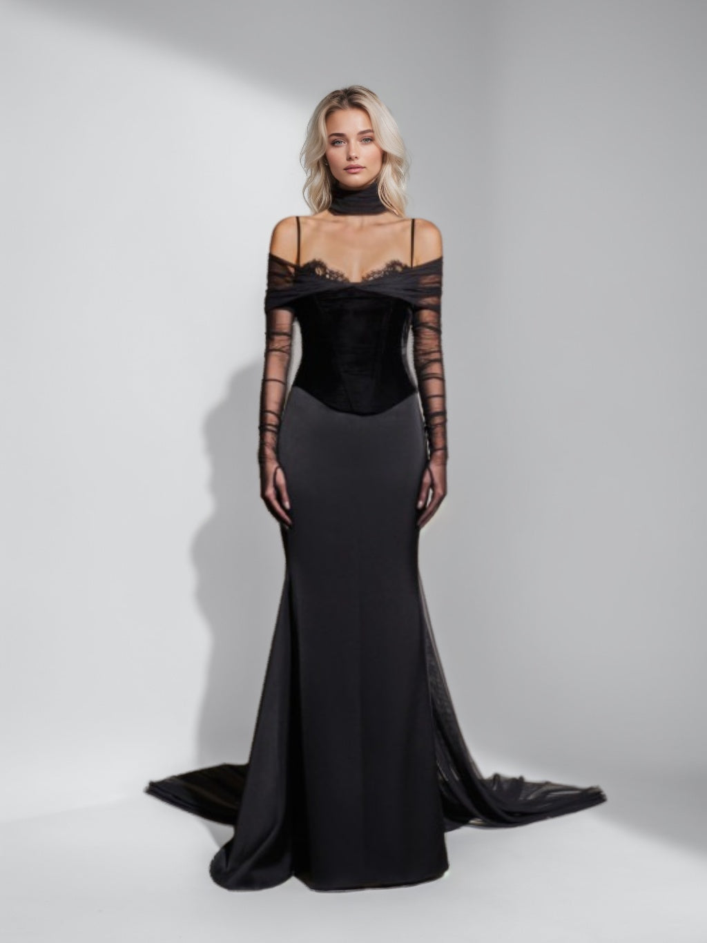 Mermaid Black Evening Dresses 2026 Spaghetti Straps Formal Dress Long Sleeves Floor-Length Wedding Guest Party Prom Ball Gowns Black