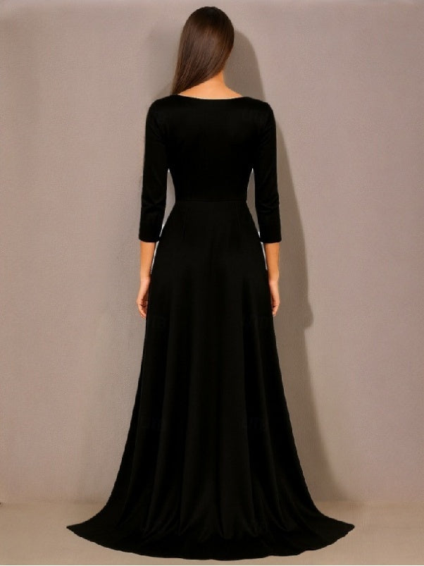 A-Line/Princess 3/4 Length Sleeves Floor-Length Satin Evening Dresses with Pleats & Sequins