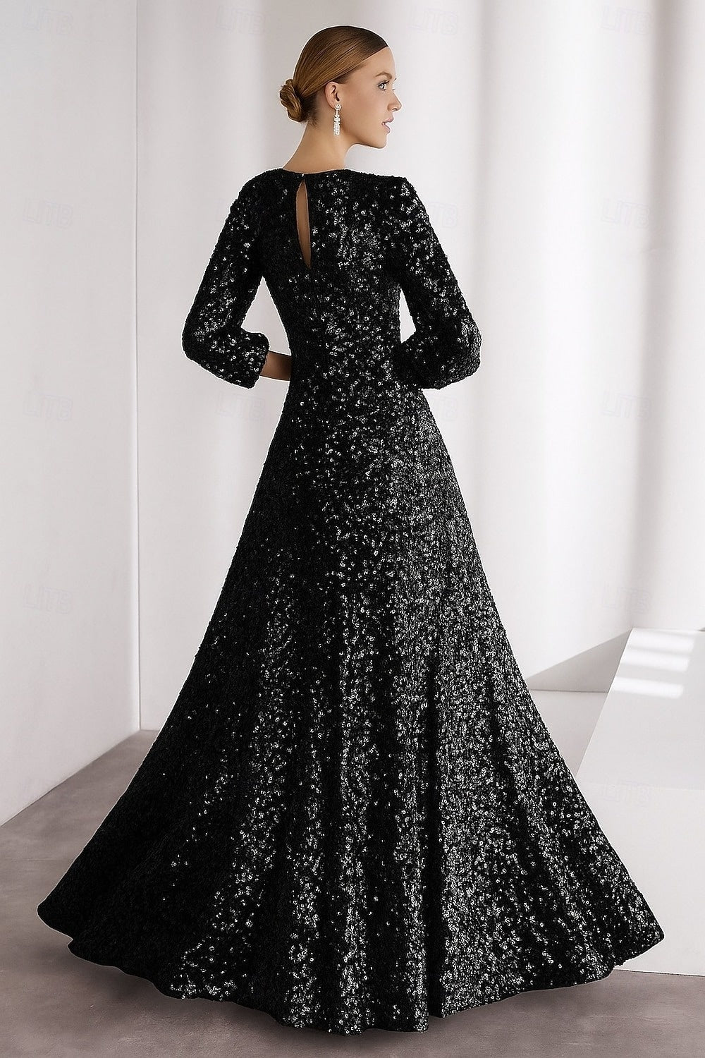 A-Line/Princess V-Neck Half Sleeves Floor-Length Sequined Evening Dress with Pleats & Split Side