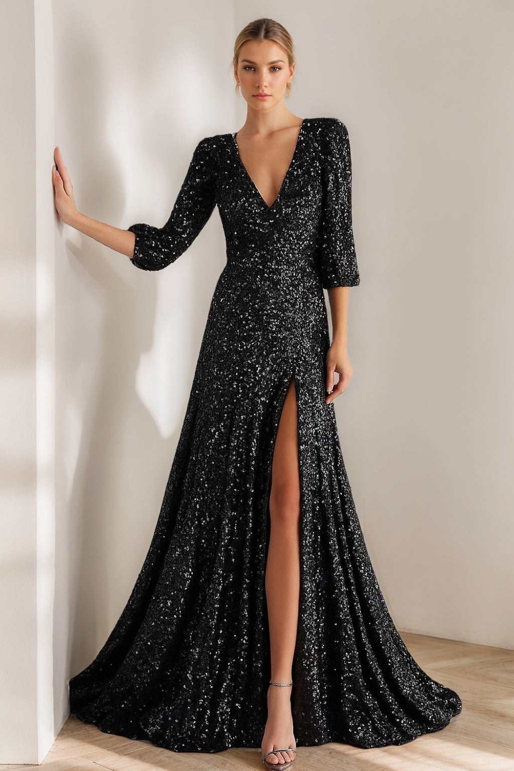 A-Line/Princess V-Neck Half Sleeves Floor-Length Sequined Evening Dress with Pleats & Split Side