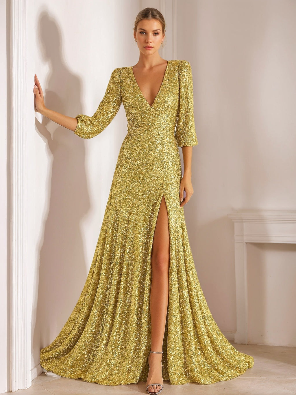 A-Line/Princess V-Neck Half Sleeves Floor-Length Sequined Evening Dress with Pleats & Split Side