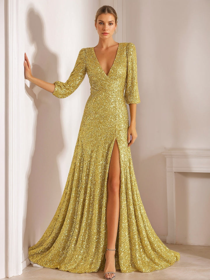 A-Line/Princess V-Neck Half Sleeves Floor-Length Sequined Evening Dress with Pleats & Split Side
