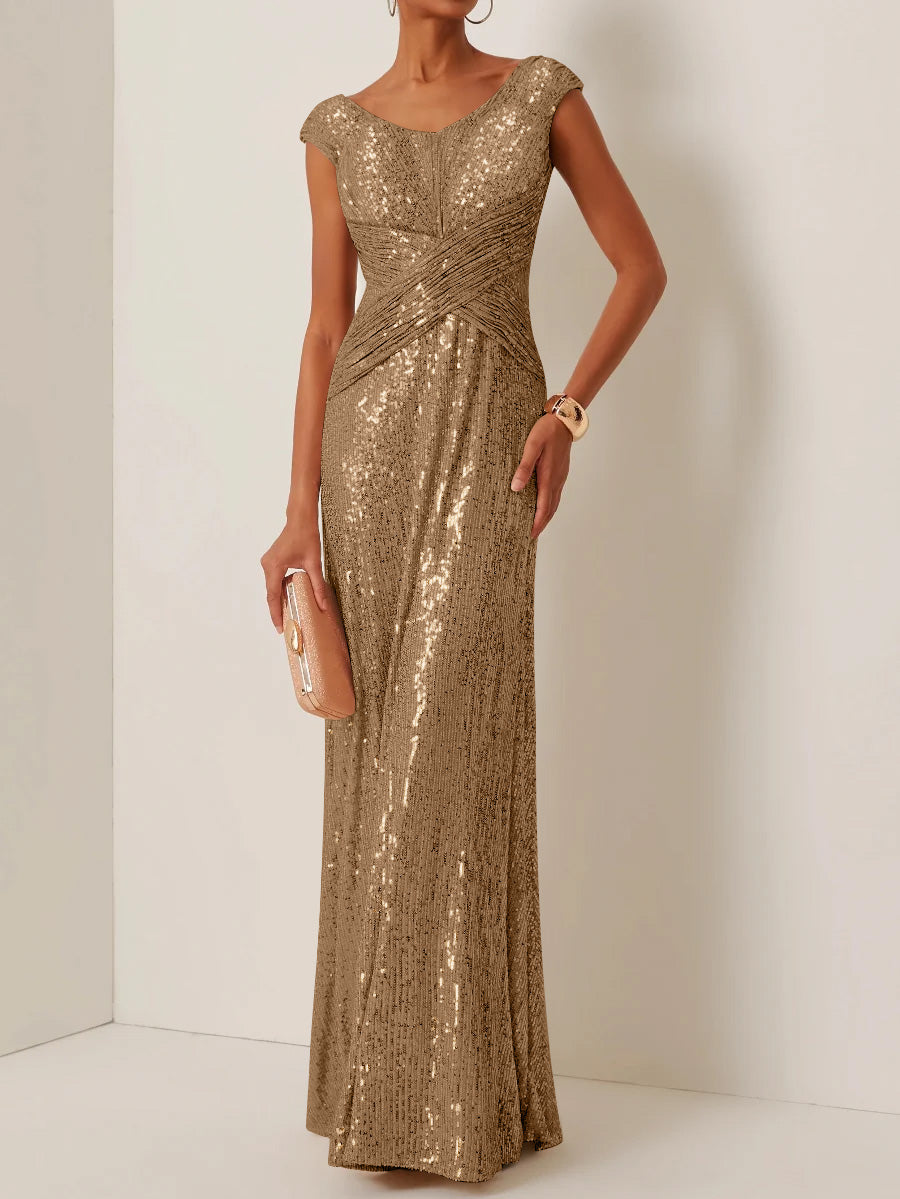 Sheath/Column Scoop Sequins Evening Dresses Sleeveless Floor-Length Party Dresses