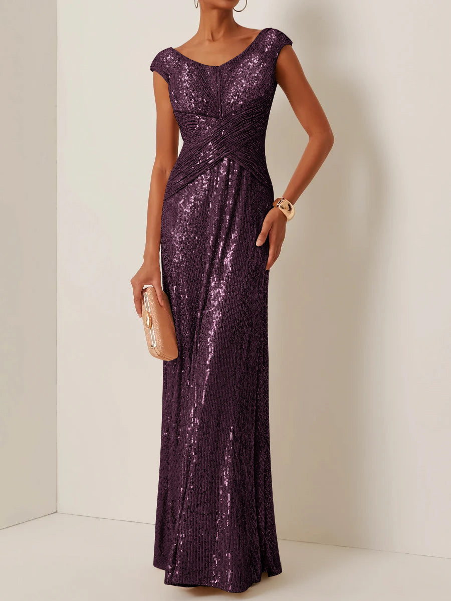 Sheath/Column Scoop Sequins Evening Dresses Sleeveless Floor-Length Party Dresses