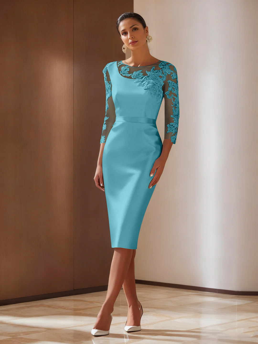 Sheath/Column 3/4 Sleeves Knee-Length Cocktail Dresses Appliqued Scoop