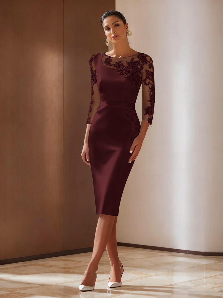 Sheath/Column 3/4 Sleeves Knee-Length Cocktail Dresses Appliqued Scoop