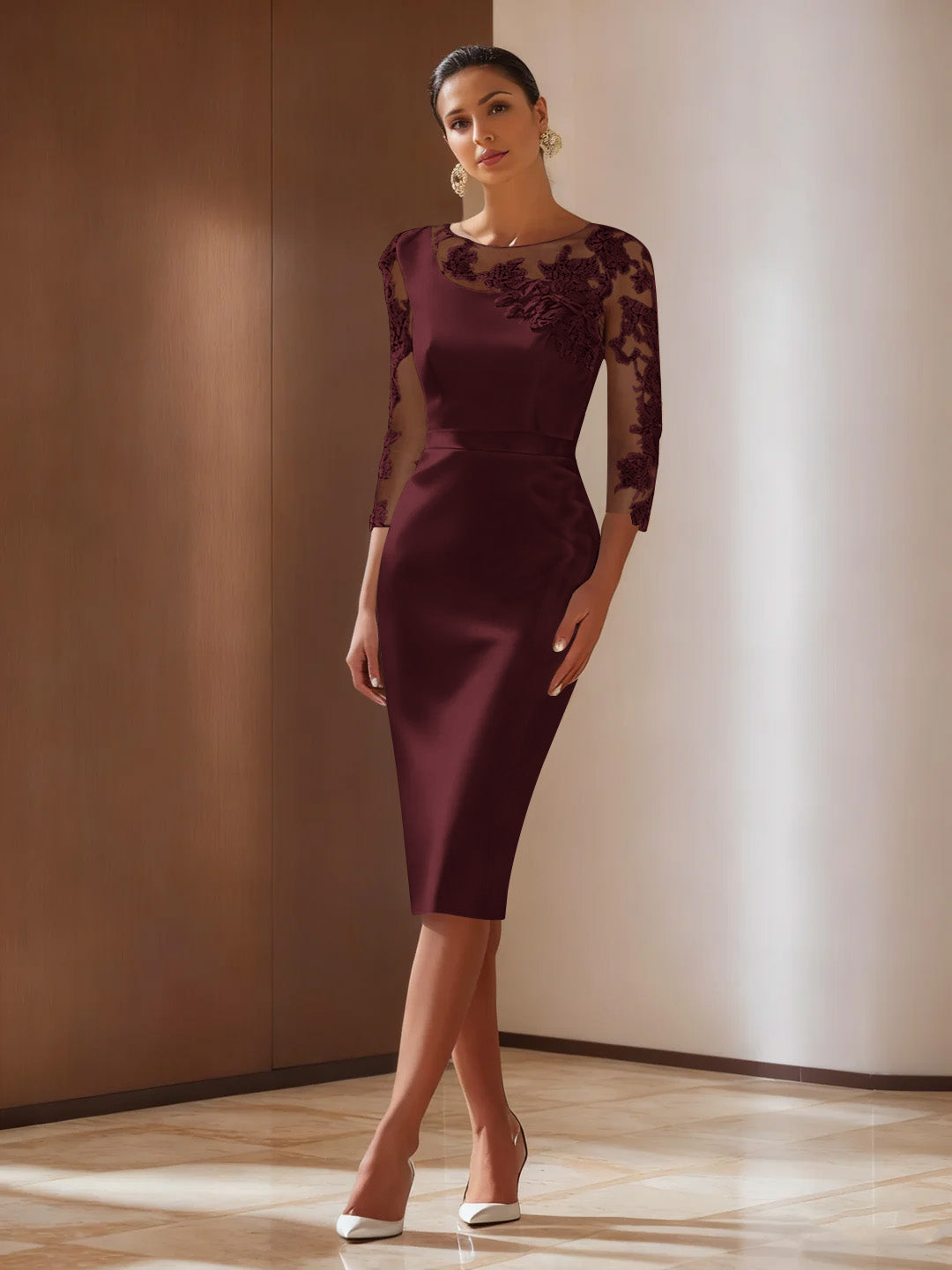 Sheath/Column 3/4 Sleeves Knee-Length Cocktail Dresses Appliqued Scoop