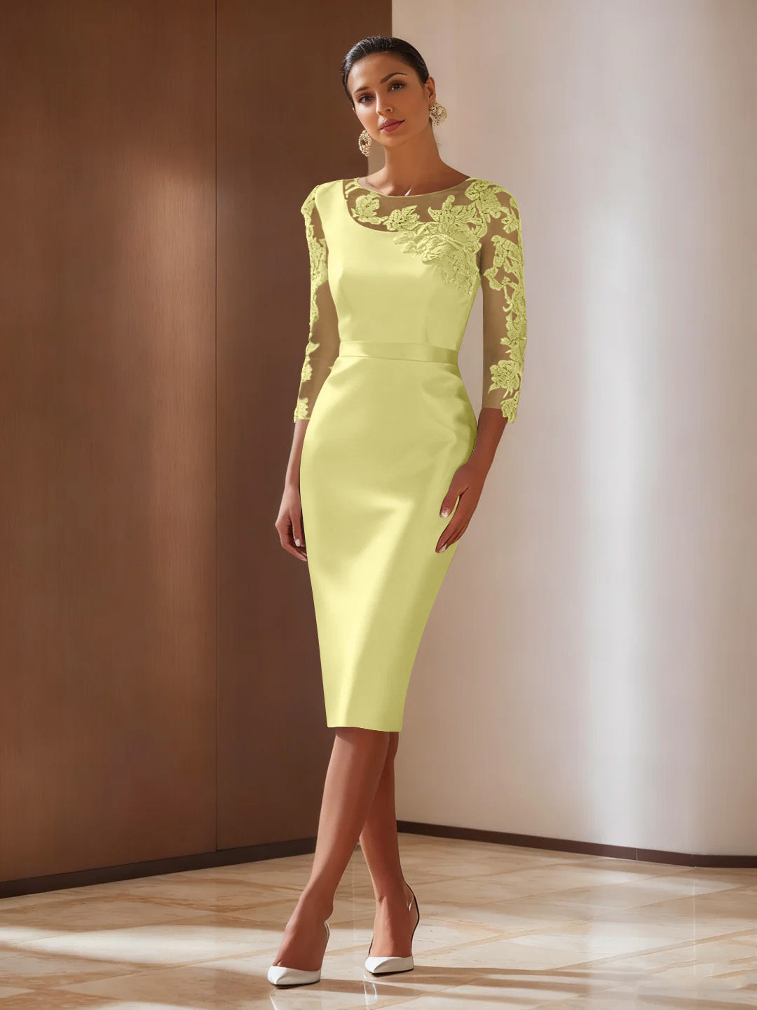 Sheath/Column 3/4 Sleeves Knee-Length Cocktail Dresses Appliqued Scoop Ocean Blue