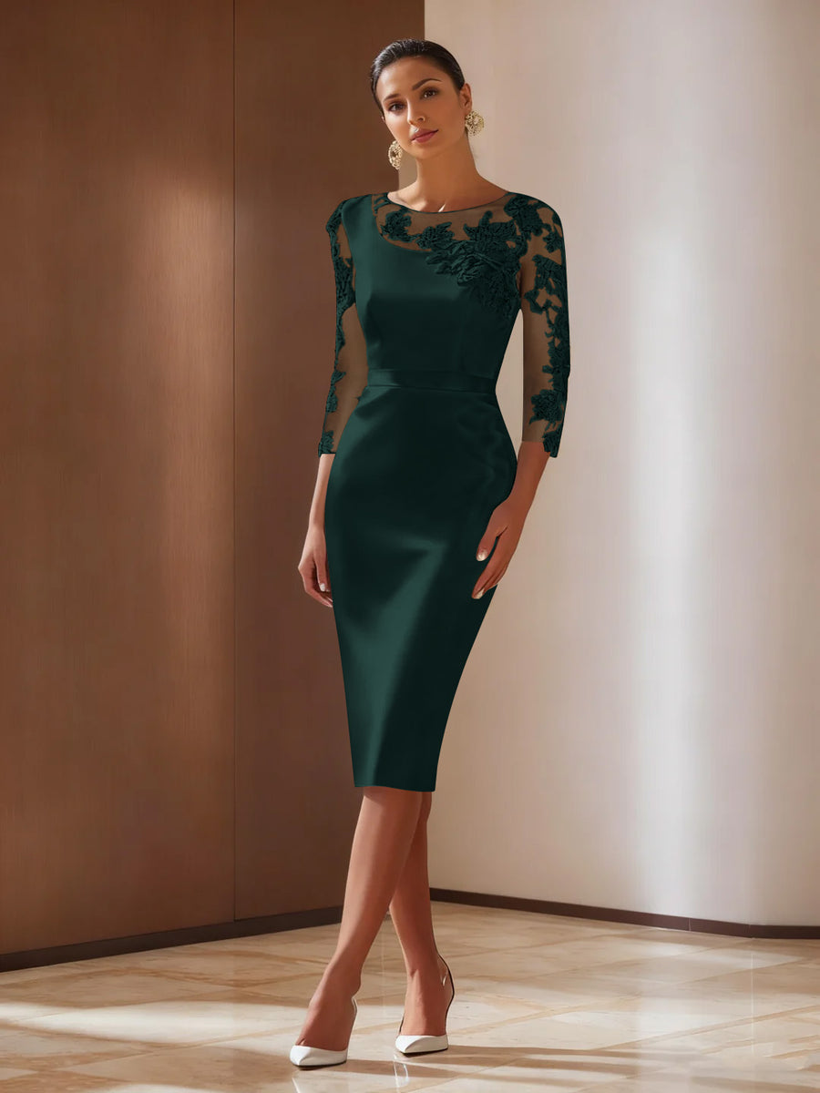 Sheath/Column 3/4 Sleeves Knee-Length Cocktail Dresses Appliqued Scoop