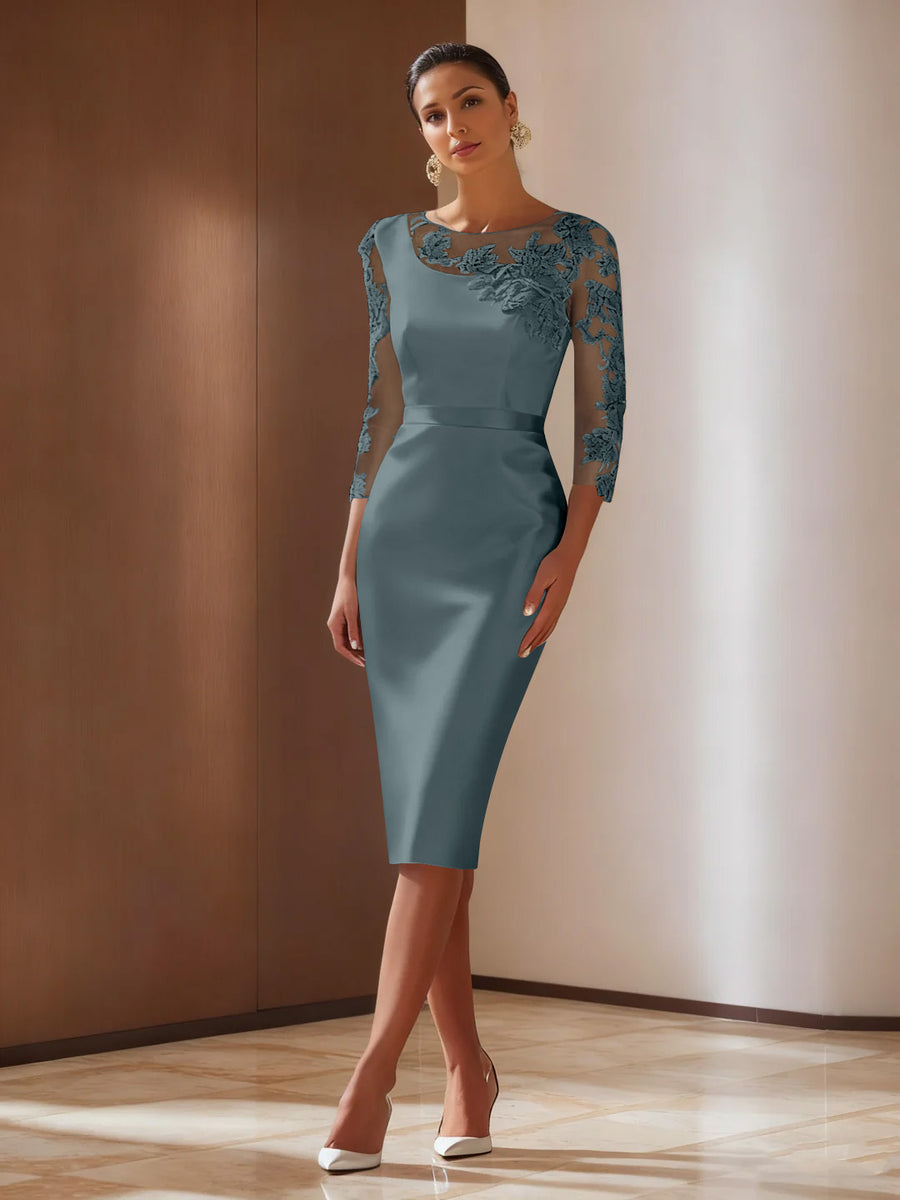 Sheath/Column 3/4 Sleeves Knee-Length Cocktail Dresses Appliqued Scoop