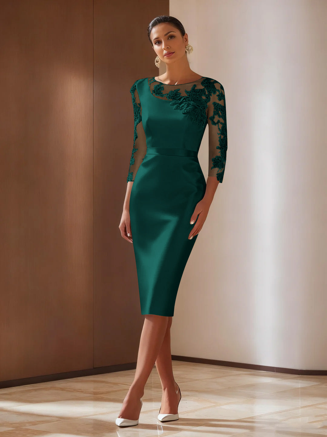 Sheath/Column 3/4 Sleeves Knee-Length Cocktail Dresses Appliqued Scoop