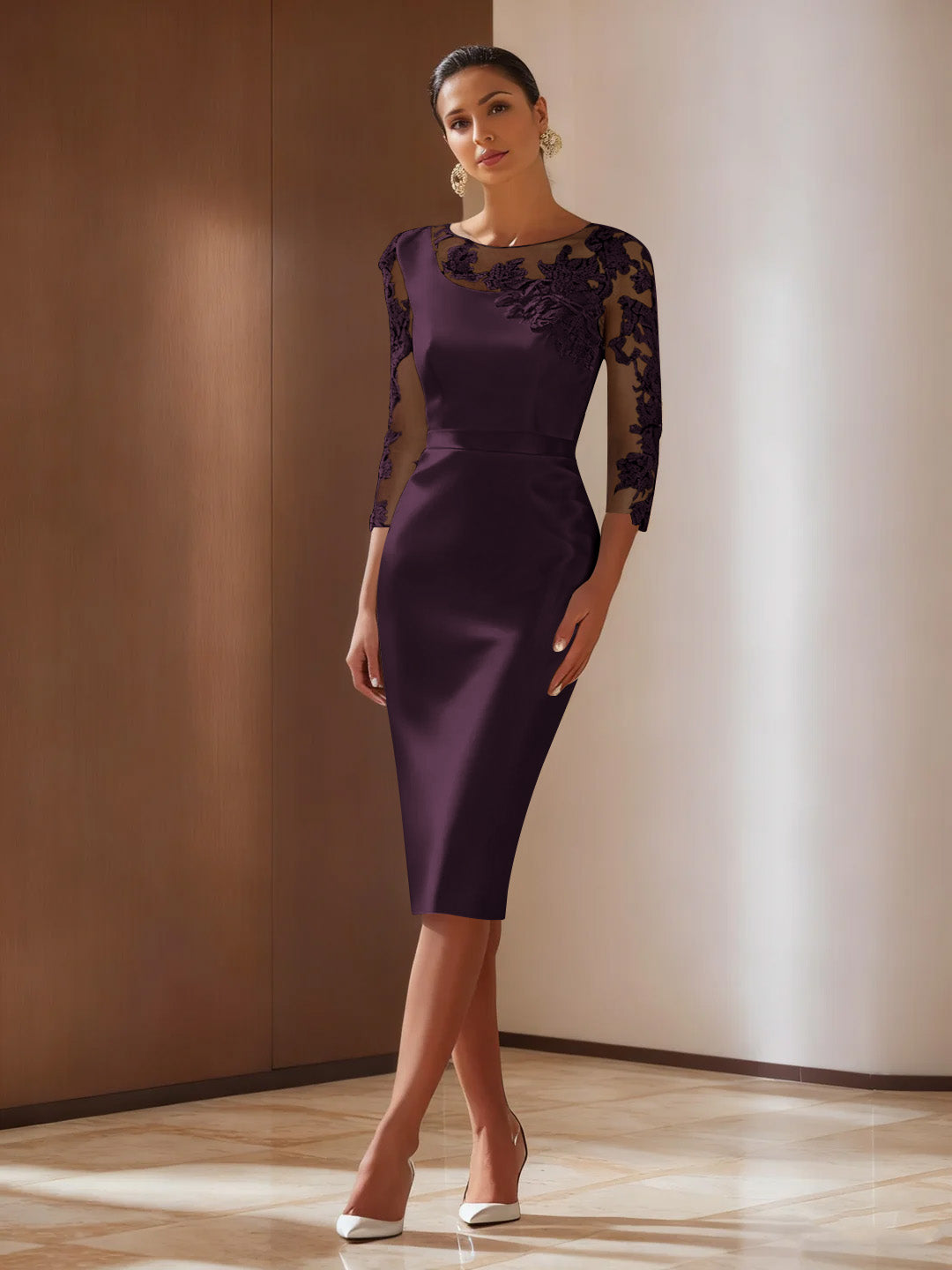 Sheath/Column 3/4 Sleeves Knee-Length Cocktail Dresses Appliqued Scoop