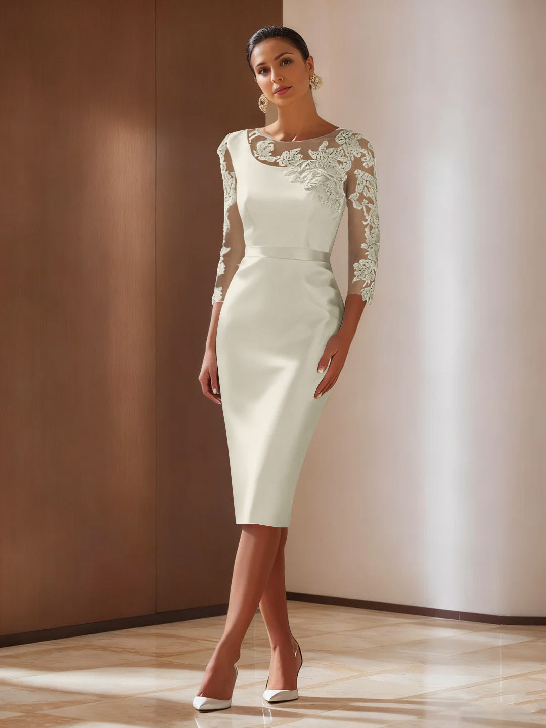 Sheath/Column 3/4 Sleeves Knee-Length Cocktail Dresses Appliqued Scoop Ocean Blue