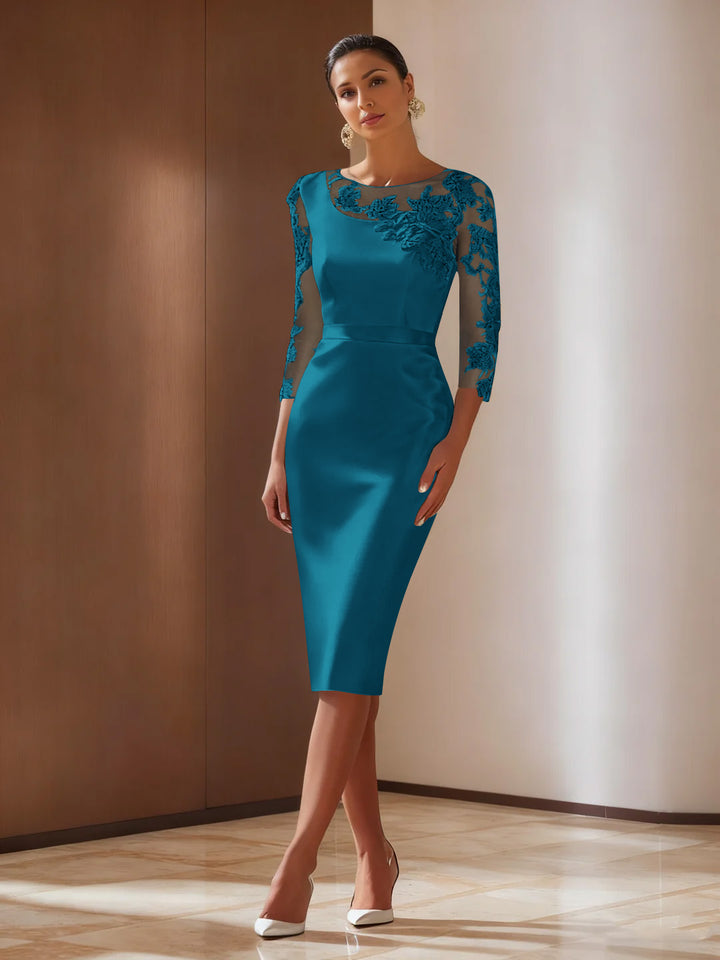 Sheath/Column 3/4 Sleeves Knee-Length Cocktail Dresses Appliqued Scoop