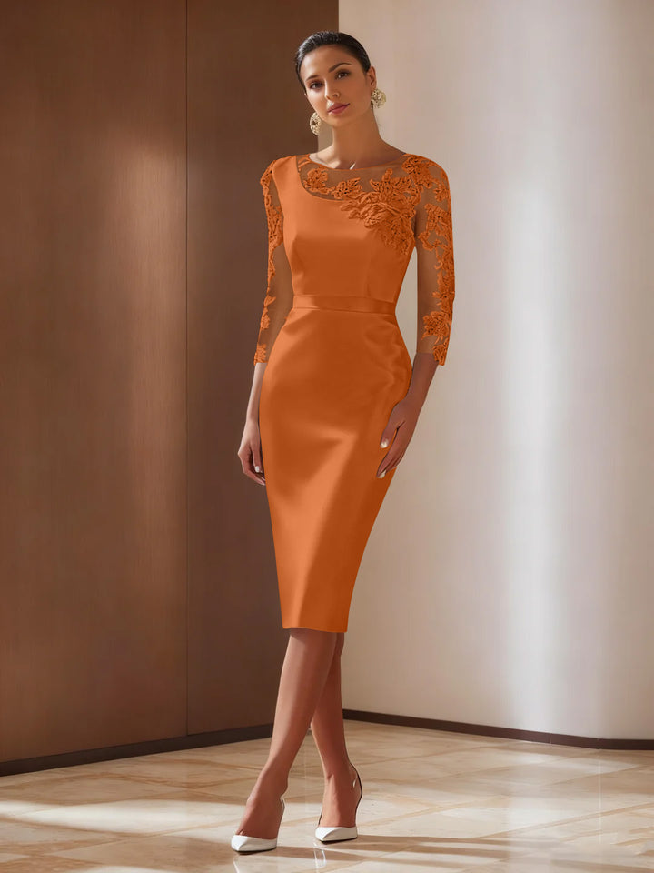 Sheath/Column 3/4 Sleeves Knee-Length Cocktail Dresses Appliqued Scoop