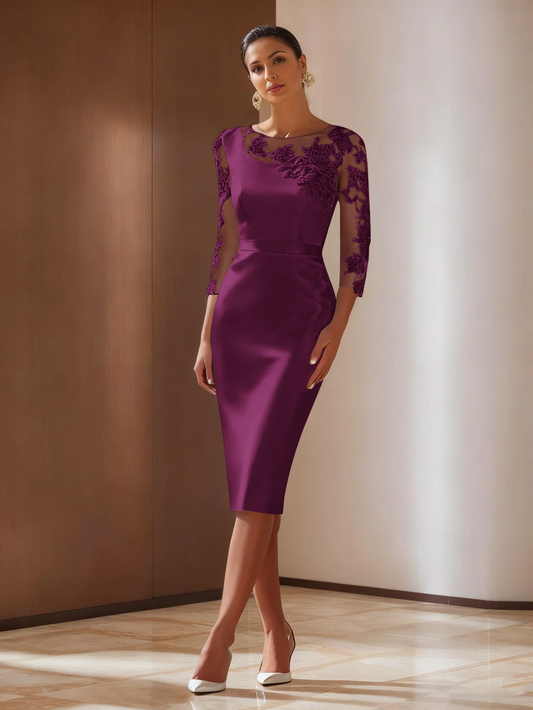 Sheath/Column 3/4 Sleeves Knee-Length Cocktail Dresses Appliqued Scoop Grape
