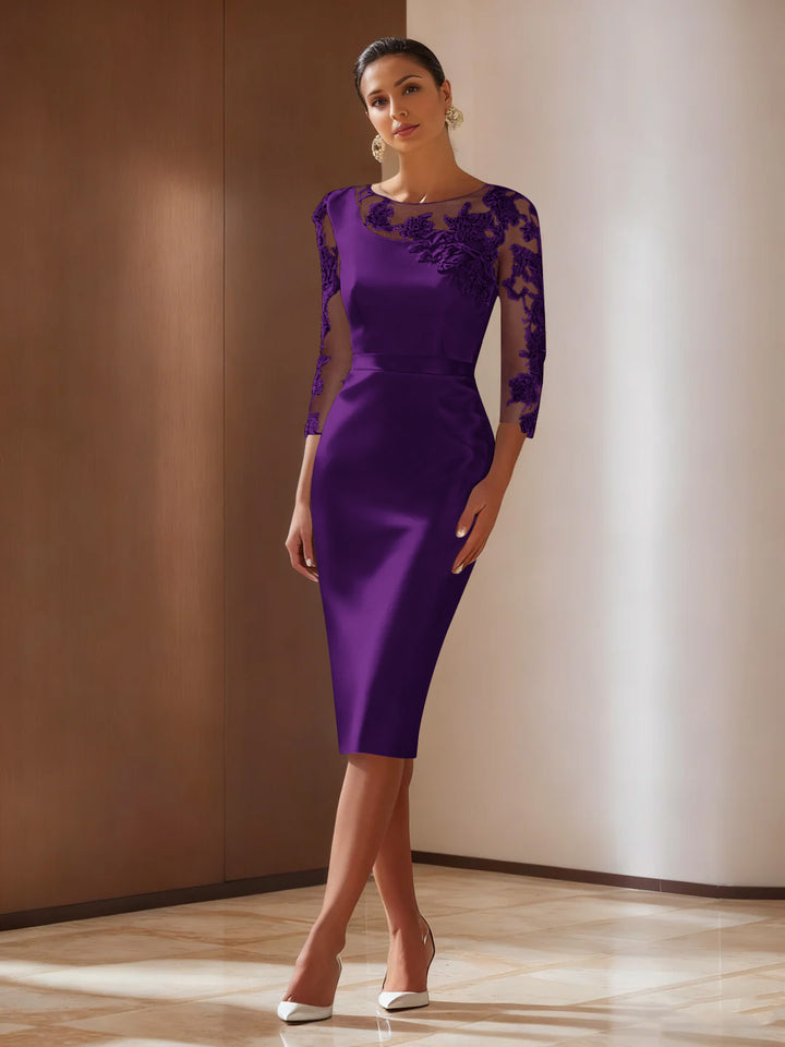 Sheath/Column 3/4 Sleeves Knee-Length Cocktail Dresses Appliqued Scoop