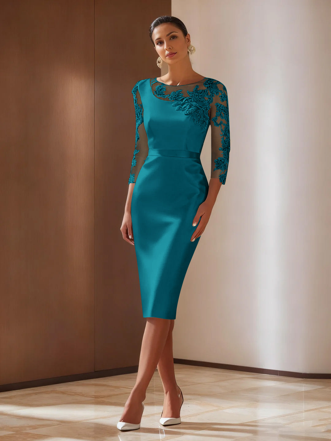 Sheath/Column 3/4 Sleeves Knee-Length Cocktail Dresses Appliqued Scoop