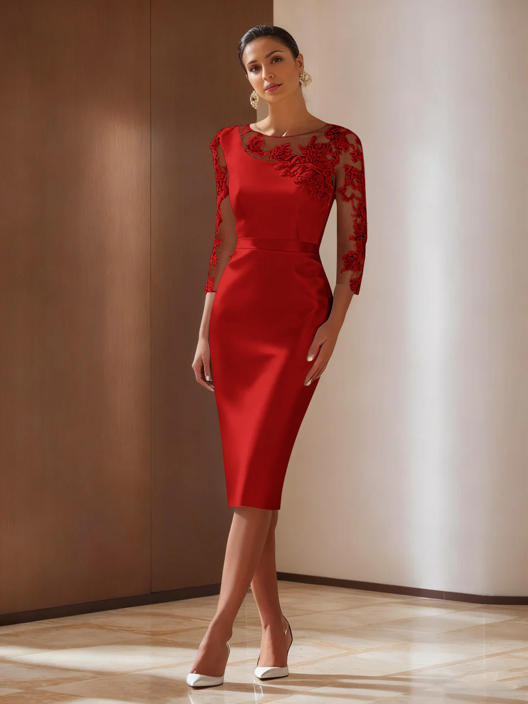 Sheath/Column 3/4 Sleeves Knee-Length Cocktail Dresses Appliqued Scoop