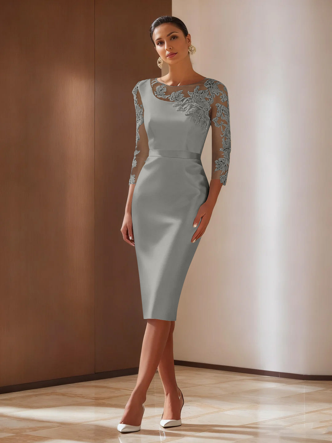 Sheath/Column 3/4 Sleeves Knee-Length Cocktail Dresses Appliqued Scoop
