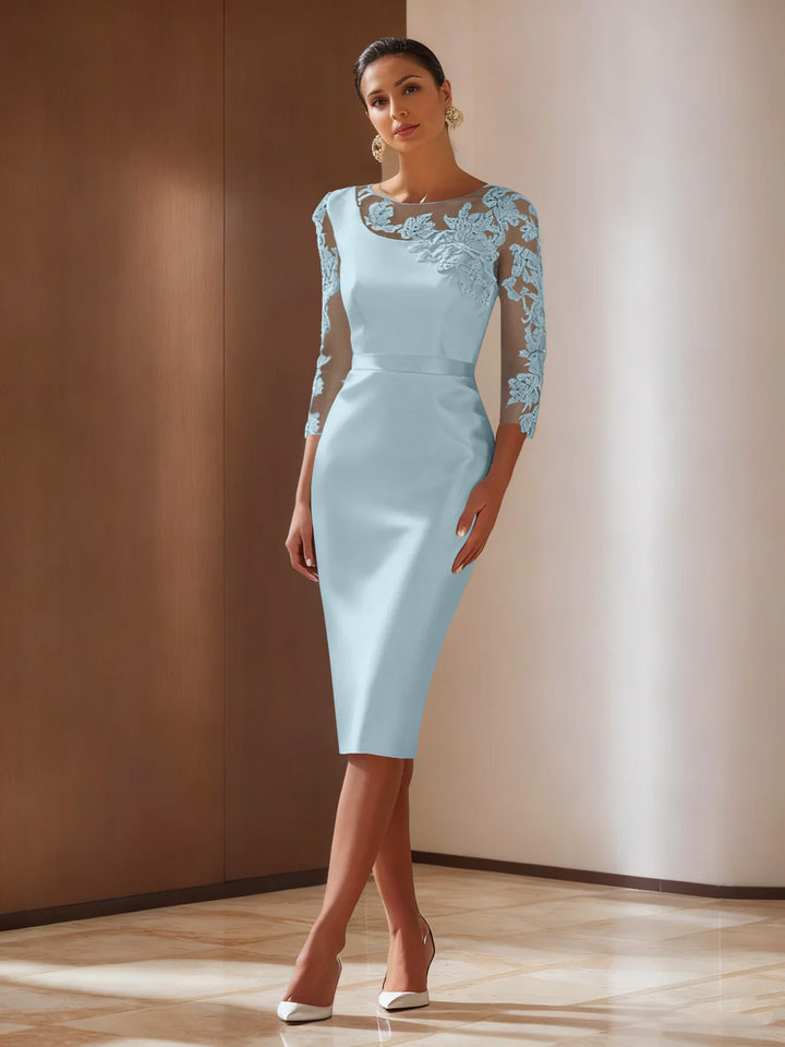 Sheath/Column 3/4 Sleeves Knee-Length Cocktail Dresses Appliqued Scoop