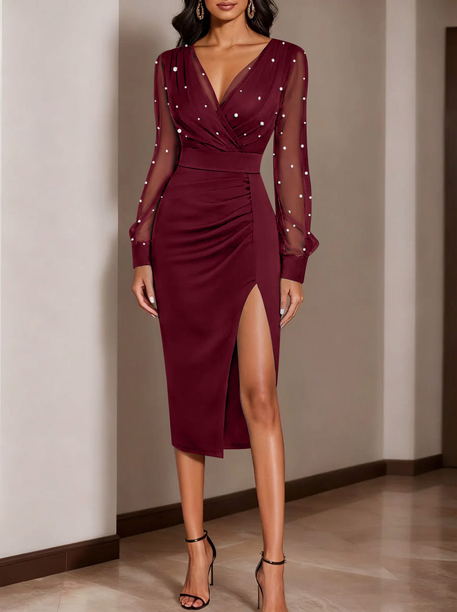 Sheath/Column V-Neck Beading Cocktail Dresses with Split Side Long Sleeves