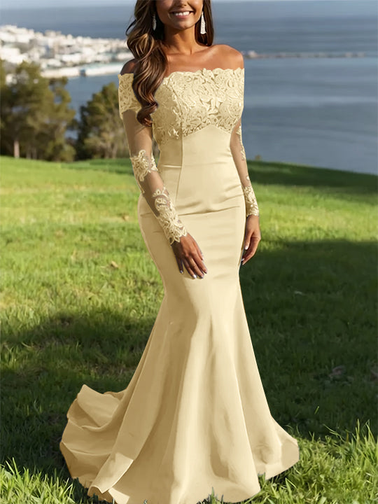 Trumpet/Mermaid Off-the-Shoulder Lace Evening Dresses Long Sleeves Party Dresses