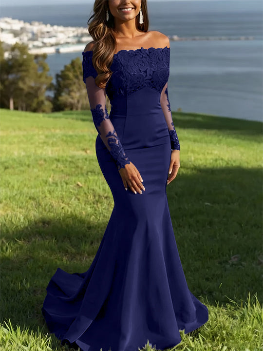 Trumpet/Mermaid Off-the-Shoulder Lace Evening Dresses Long Sleeves Party Dresses