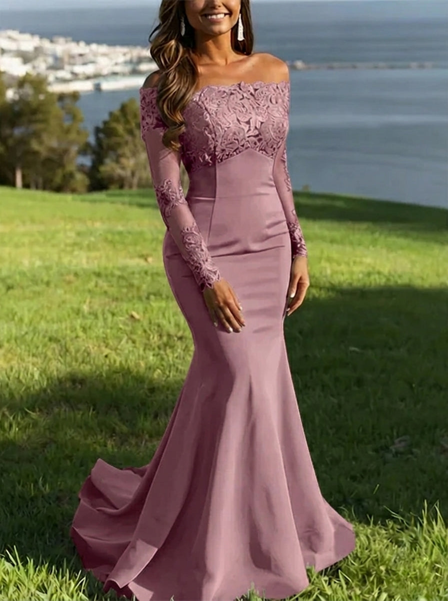 Trumpet/Mermaid Off-the-Shoulder Lace Evening Dresses Long Sleeves Party Dresses